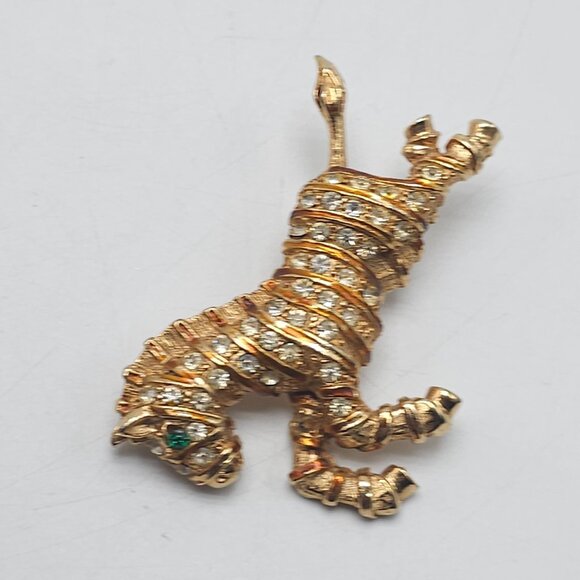 Vintage Gold Tone Zebra Brooch With Clear Rhinestones Green Eyes - Picture 2 of 4